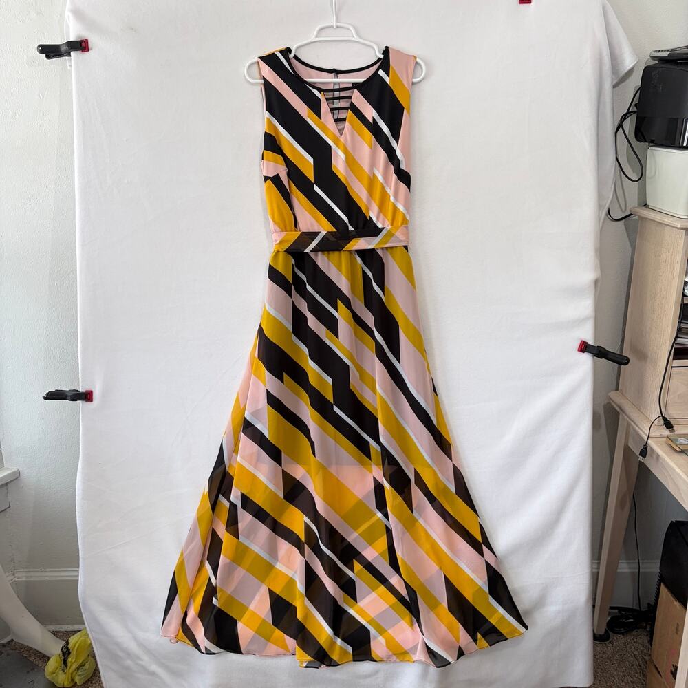 Lane Bryant Maxi Dress Womens Plus 18 Yellow Black Striped Chiffon Sleeveless - Picture 2 of 14